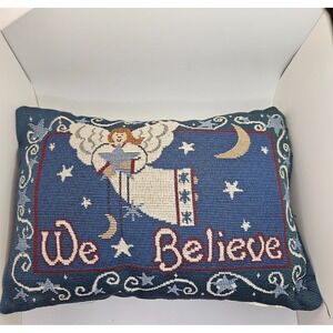 Vintage Religious Woven Pillow "We Believe" Angel Christian Decor Tapestry